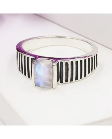 Rainbow Moonstone Ring - 925 Sterling Silver Oxidized Finish Jewelry