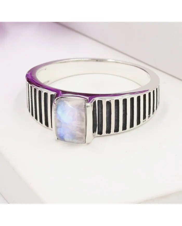 Rainbow Moonstone Ring - 925 Sterling Silver Oxidized Finish Jewelry