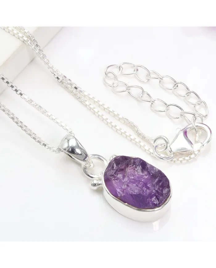Raw Amethyst Pendant - 925 Sterling Silver Handmade Gemstone Jewelry