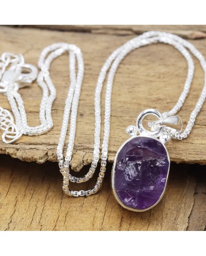 Raw Amethyst Pendant - 925 Sterling Silver Handmade Gemstone Jewelry