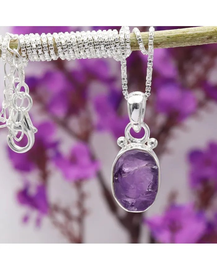 Raw Amethyst Pendant - 925 Sterling Silver Handmade Gemstone Jewelry