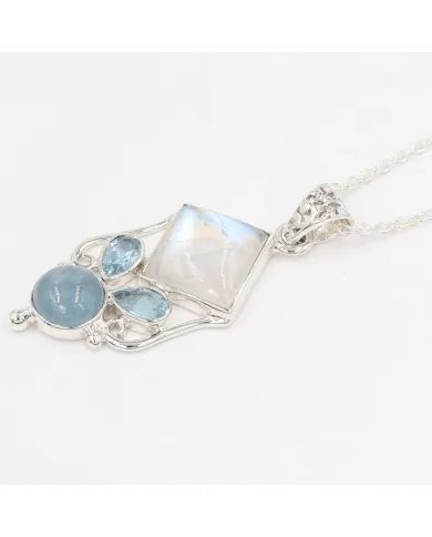 Rainbow Moonstone Aquamarine & Sky Blue Topaz Pendant in 925 Silver