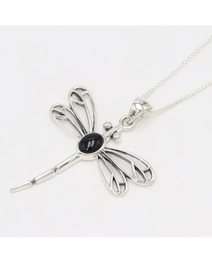 Black Onyx Dragonfly Pendant - 925 Sterling Silver Statement Necklace