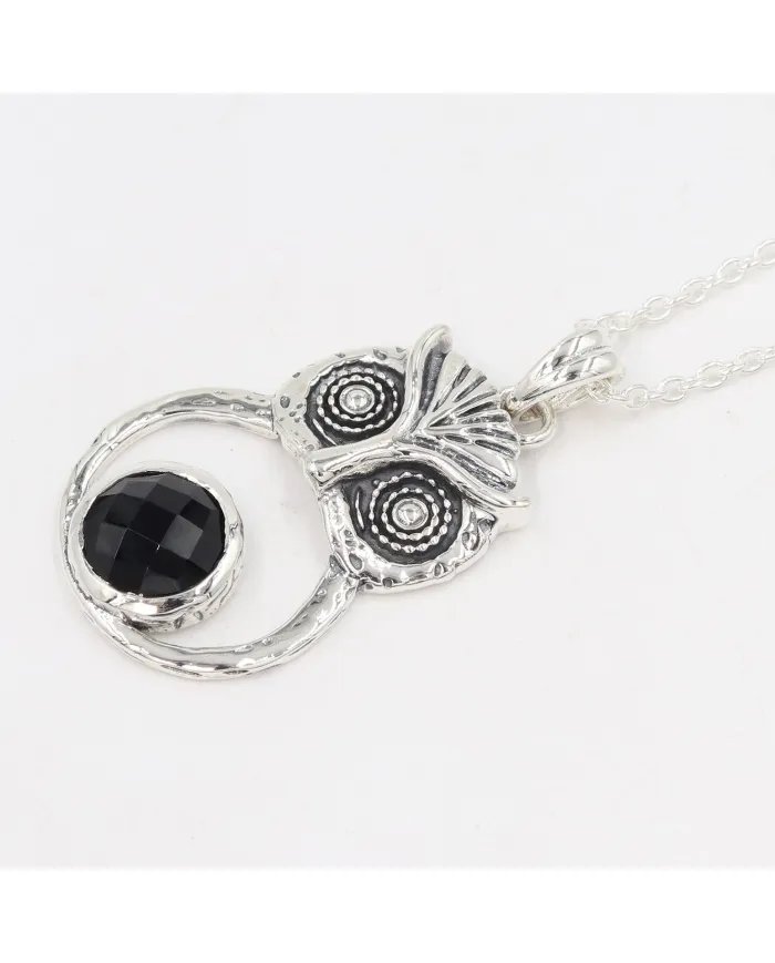 Black Onyx Owl Pendant - 925 Sterling Silver Oxidized Jewelry