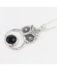 Black Onyx Owl Pendant - 925 Sterling Silver Oxidized Jewelry