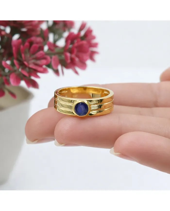 Blue Sapphire Band Ring - 925 Sterling Silver with Gold Plated Jewelry