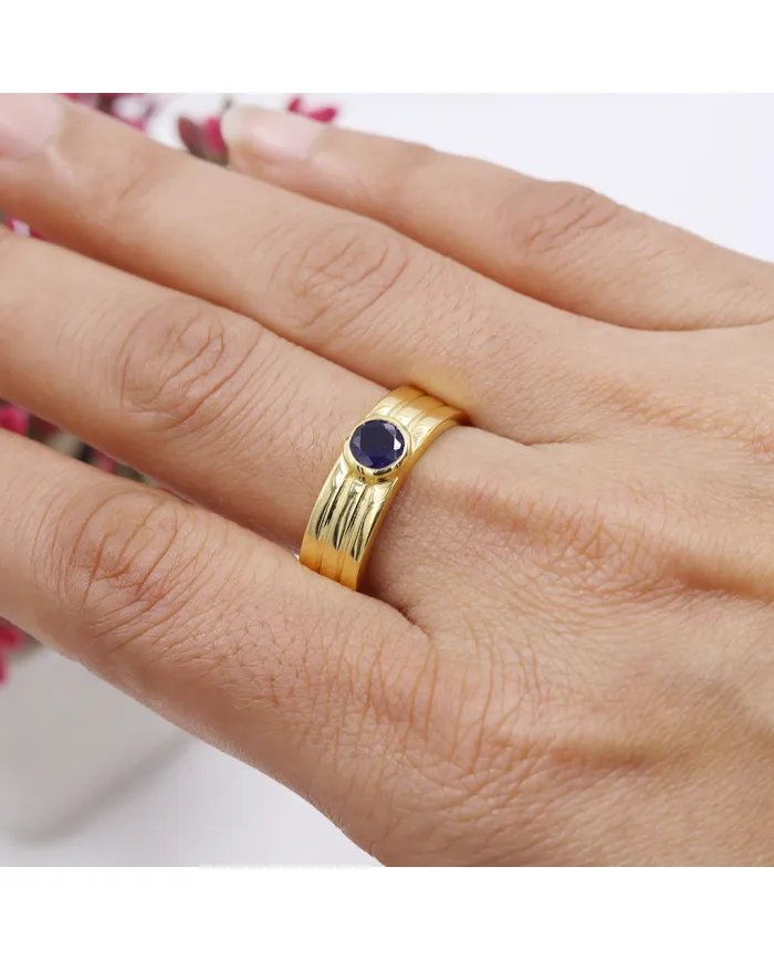 Blue Sapphire Band Ring - 925 Sterling Silver with Gold Plated Jewelry
