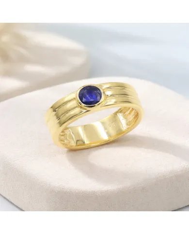 Blue Sapphire Band Ring - 925 Sterling Silver with Gold Plated Jewelry