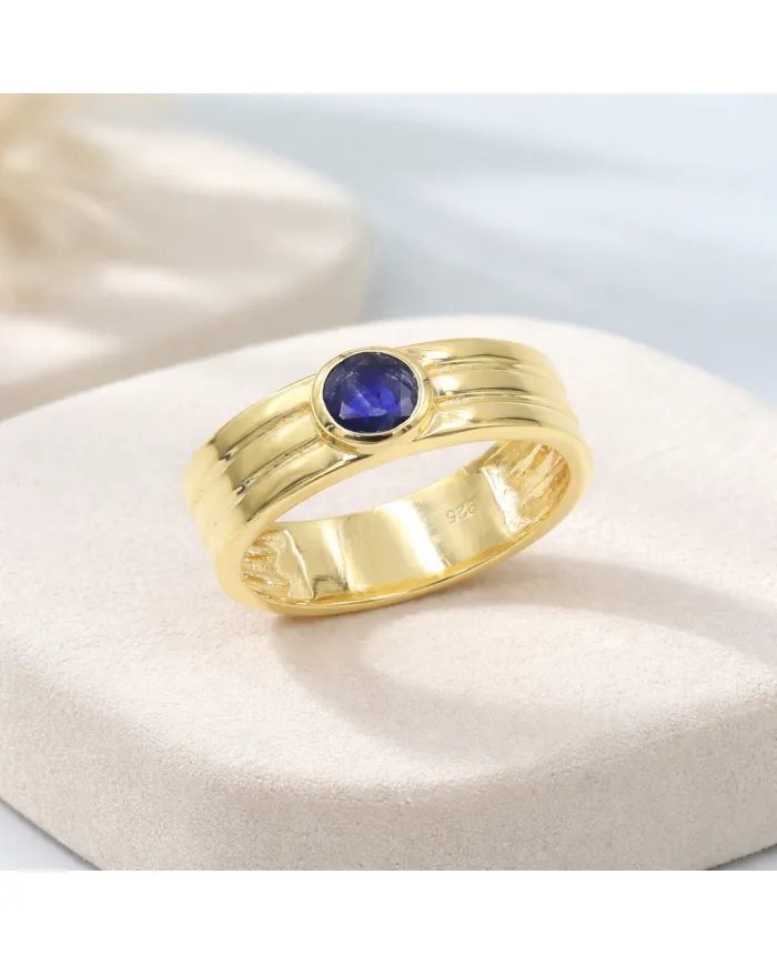 Blue Sapphire Band Ring - 925 Sterling Silver with Gold Plated Jewelry