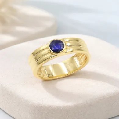 Blue Sapphire Band Ring - 925 Sterling Silver with Gold Plated Jewelry