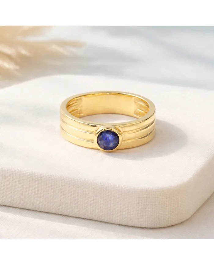 Blue Sapphire Band Ring - 925 Sterling Silver with Gold Plated Jewelry
