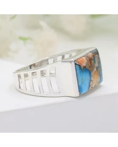 Orange Spiny Turquoise Ring - Sterling Silver Statement Men's Jewelry