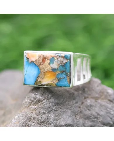 Orange Spiny Turquoise Ring - Sterling Silver Statement Men's Jewelry