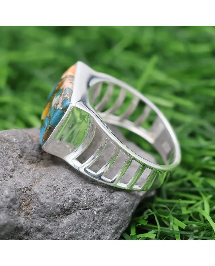 Orange Spiny Turquoise Ring - Sterling Silver Statement Men's Jewelry