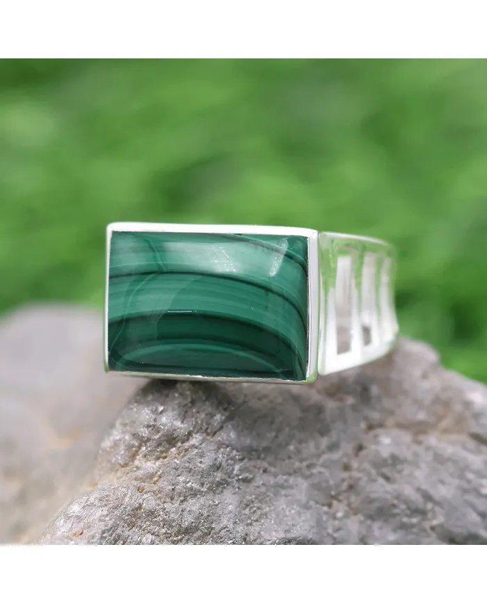 Natural Malachite Ring - Sterling Silver Handmade Unique Men's Jewelry
