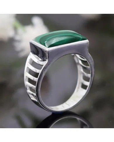 Natural Malachite Ring - Sterling Silver Handmade Unique Men's Jewelry