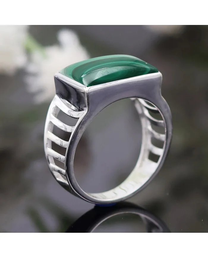 Natural Malachite Ring - Sterling Silver Handmade Unique Men's Jewelry