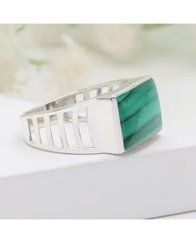 Natural Malachite Ring - Sterling Silver Handmade Unique Men's Jewelry