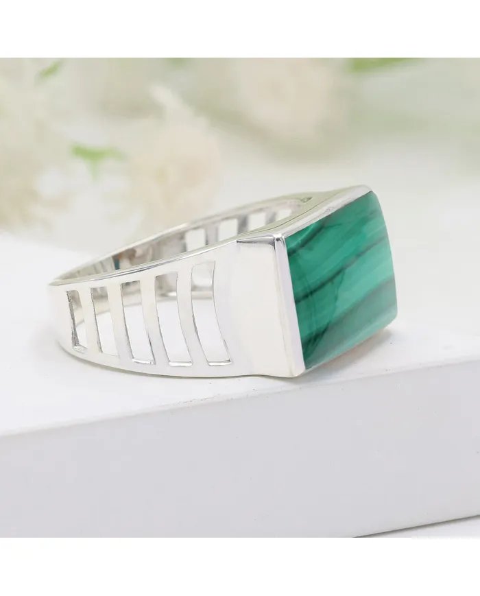Natural Malachite Ring - Sterling Silver Handmade Unique Men's Jewelry