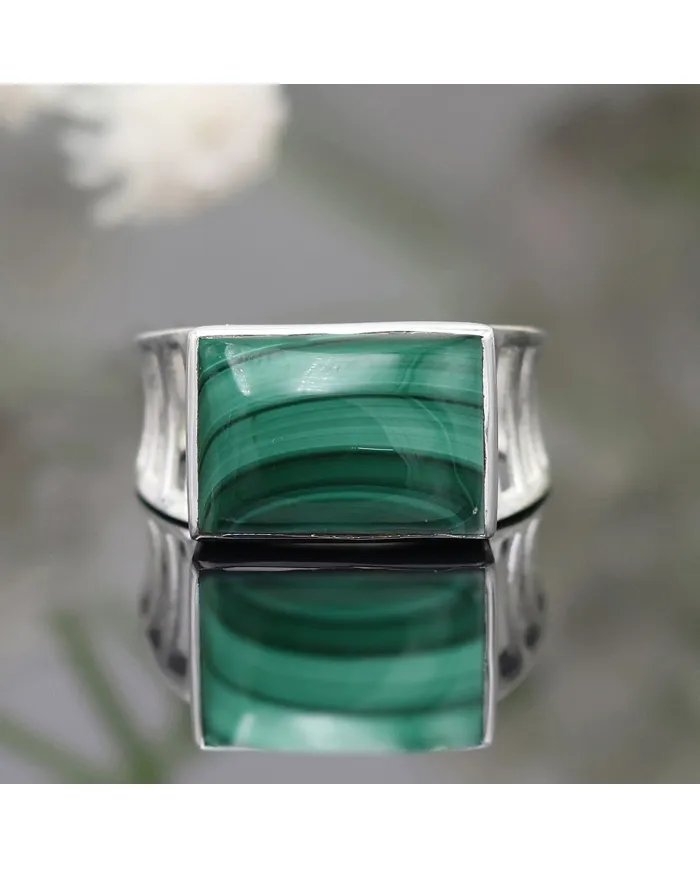 Natural Malachite Ring - Sterling Silver Handmade Unique Men's Jewelry