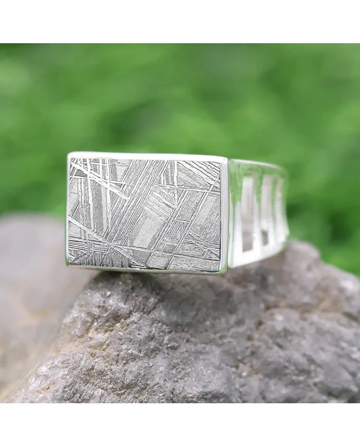 Meteorite Ring - Sterling Silver Statement Handmade Ring for Him