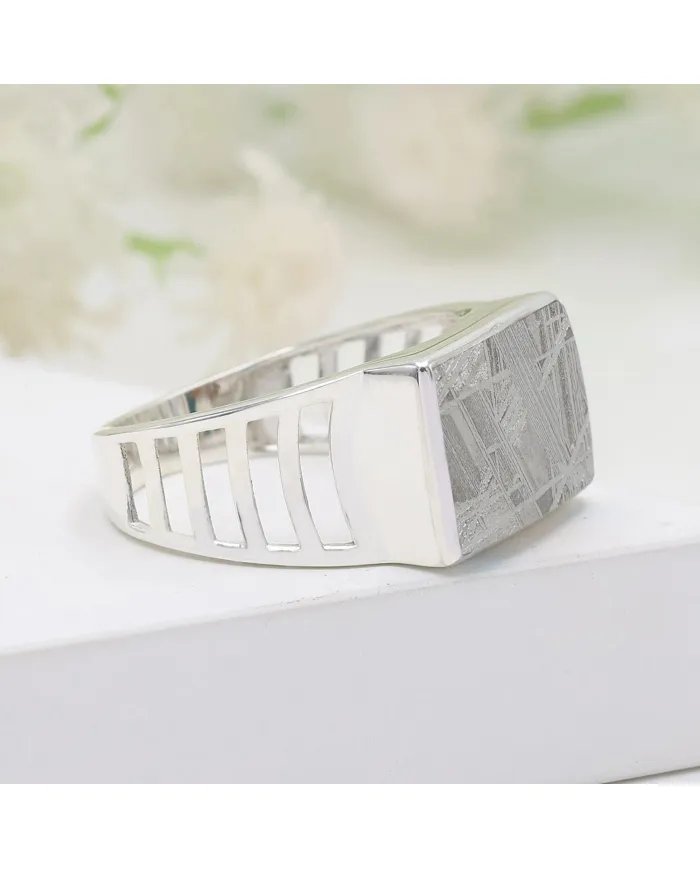 Meteorite Ring - Sterling Silver Statement Handmade Ring for Him
