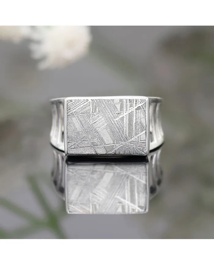 Meteorite Ring - Sterling Silver Statement Handmade Ring for Him