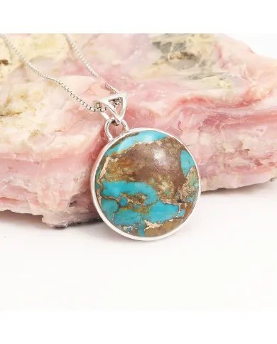 Boulder Turquoise Round Pendant – 925 Sterling Silver Handmade Jewelry