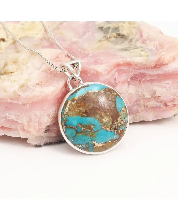 Boulder Turquoise Round Pendant – 925 Sterling Silver Handmade Jewelry