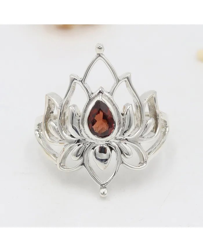 Garnet Lotus Ring - 925 Sterling Silver Handmade Red Gemstone Jewelry