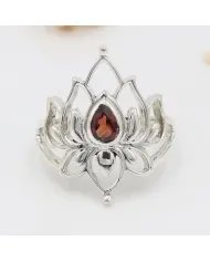Garnet Lotus Ring - 925 Sterling Silver Handmade Red Gemstone Jewelry