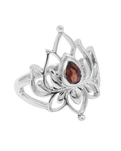 Garnet Lotus Ring - 925 Sterling Silver Handmade Red Gemstone Jewelry