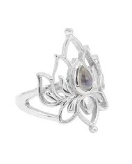 Rainbow Moonstone Lotus Ring - 925 Sterling Silver Handmade Jewelry