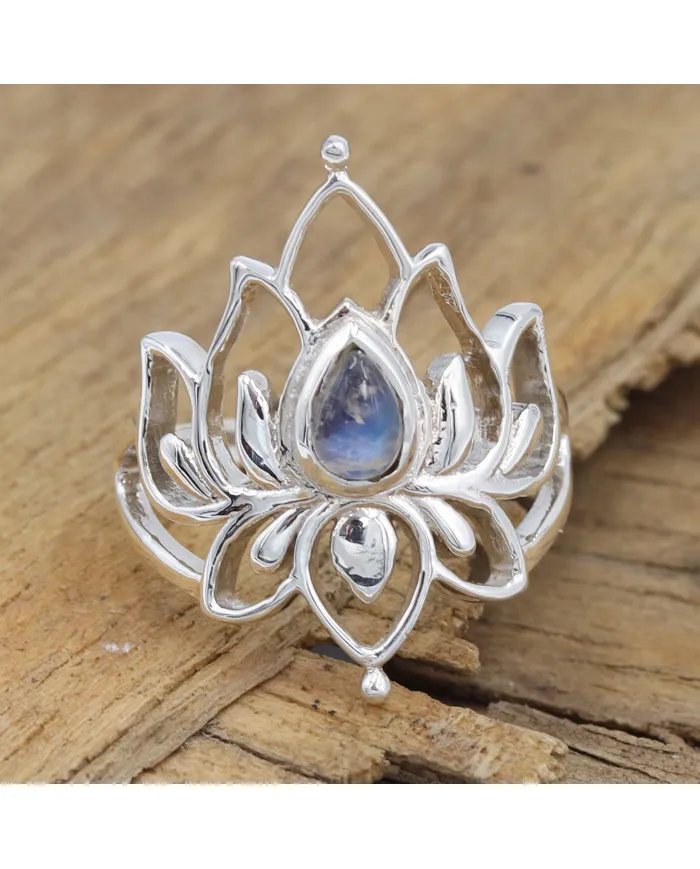 Rainbow Moonstone Lotus Ring - 925 Sterling Silver Handmade Jewelry