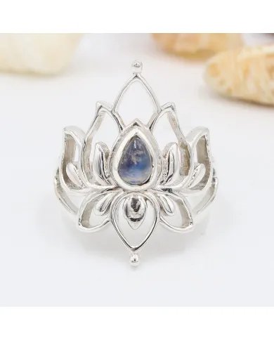 Rainbow Moonstone Lotus Ring - 925 Sterling Silver Handmade Jewelry