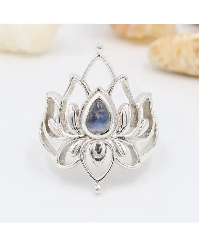 Rainbow Moonstone Lotus Ring - 925 Sterling Silver Handmade Jewelry