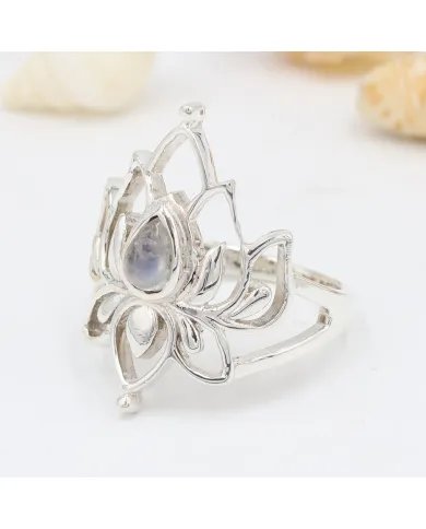Rainbow Moonstone Lotus Ring - 925 Sterling Silver Handmade Jewelry