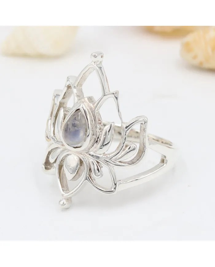 Rainbow Moonstone Lotus Ring - 925 Sterling Silver Handmade Jewelry