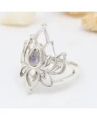 Rainbow Moonstone Lotus Ring - 925 Sterling Silver Handmade Jewelry