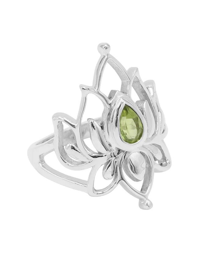 Peridot Lotus Ring - 925 Sterling Silver Handmade Gemstone Jewelry