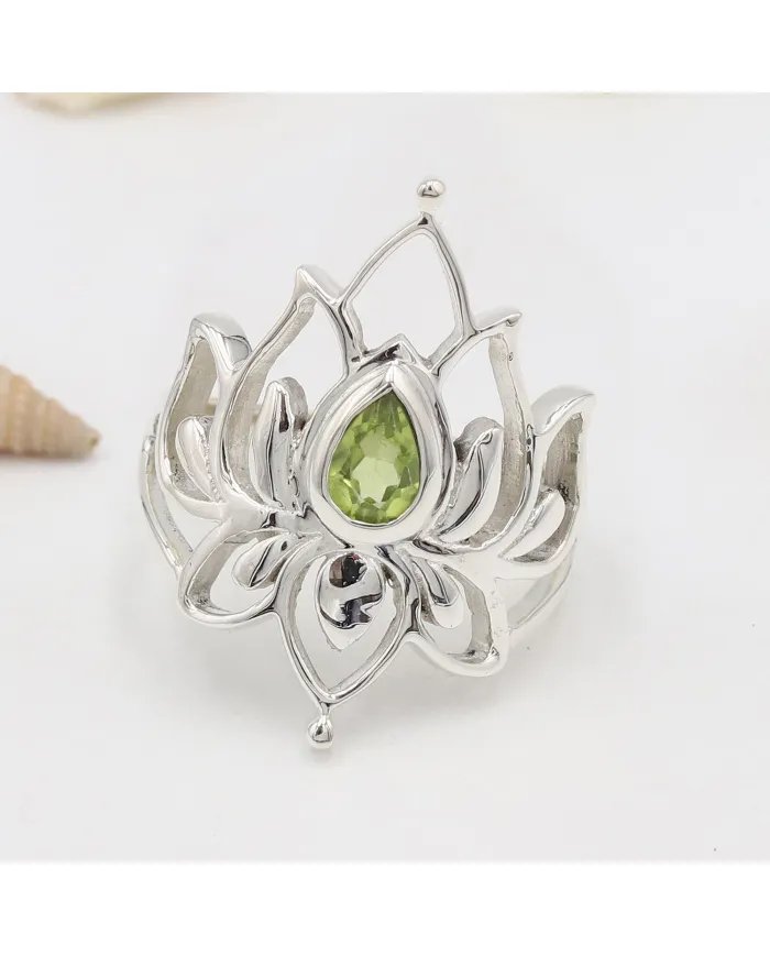 Peridot Lotus Ring - 925 Sterling Silver Handmade Gemstone Jewelry