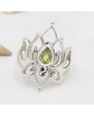 Peridot Lotus Ring - 925 Sterling Silver Handmade Gemstone Jewelry