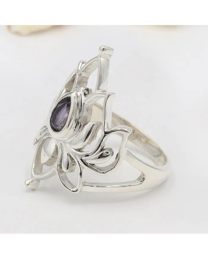 Iolite Lotus Ring - 925 Sterling Silver Handmade Gemstone Jewelry for Her