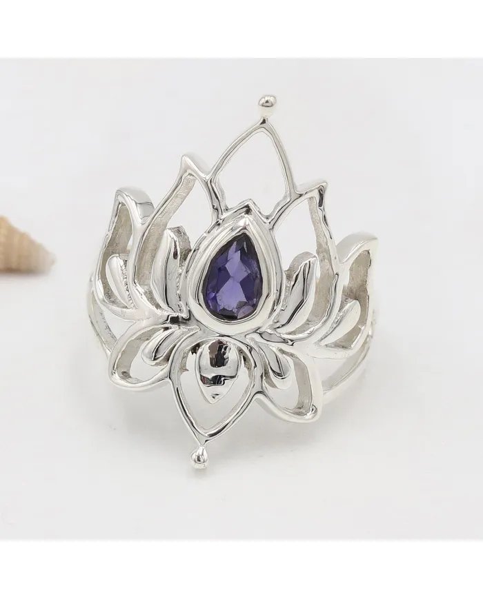 Iolite Lotus Ring - 925 Sterling Silver Handmade Gemstone Jewelry for Her