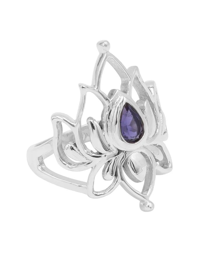 Iolite Lotus Ring - 925 Sterling Silver Handmade Gemstone Jewelry for Her