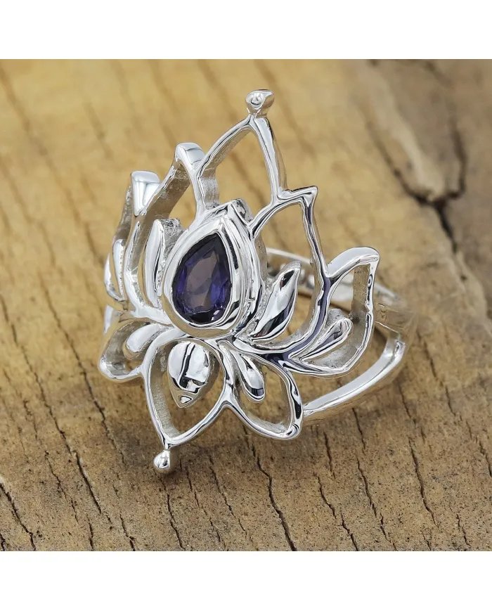 Iolite Lotus Ring - 925 Sterling Silver Handmade Gemstone Jewelry for Her