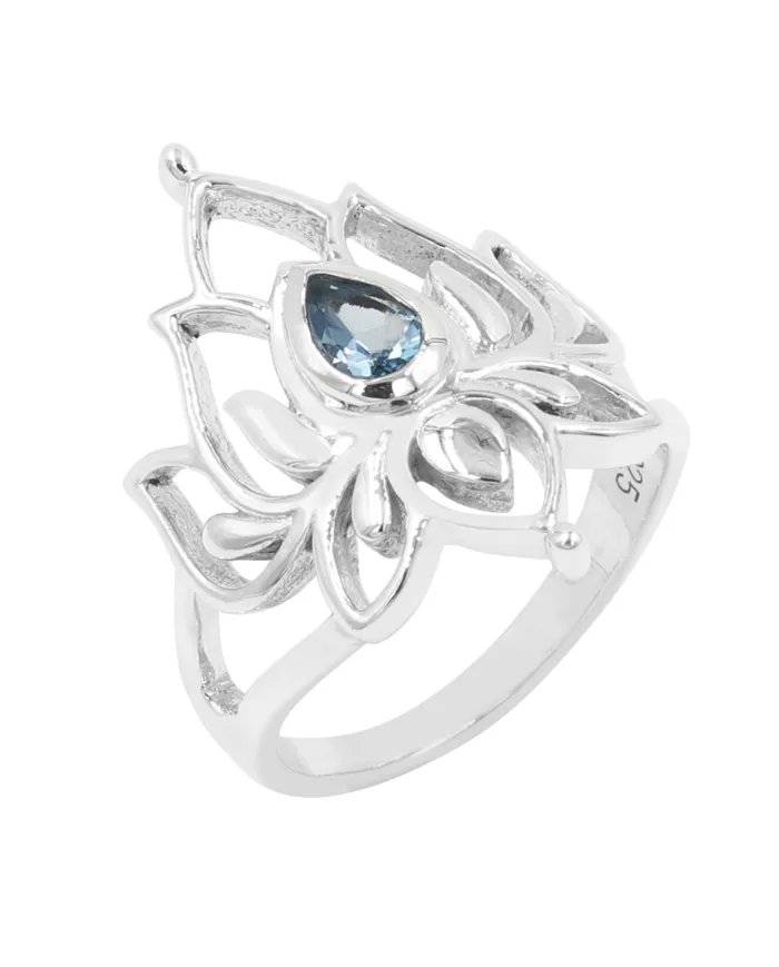 Swiss Blue Topaz Lotus Ring - 925 Sterling Silver Handmade Jewelry