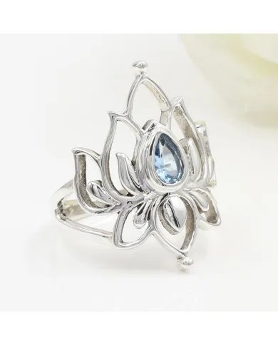Swiss Blue Topaz Lotus Ring - 925 Sterling Silver Handmade Jewelry