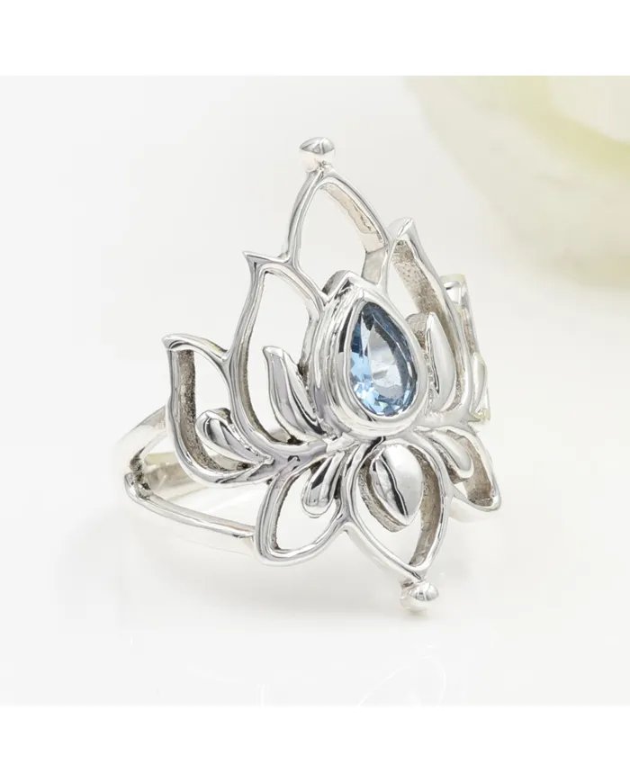 Swiss Blue Topaz Lotus Ring - 925 Sterling Silver Handmade Jewelry