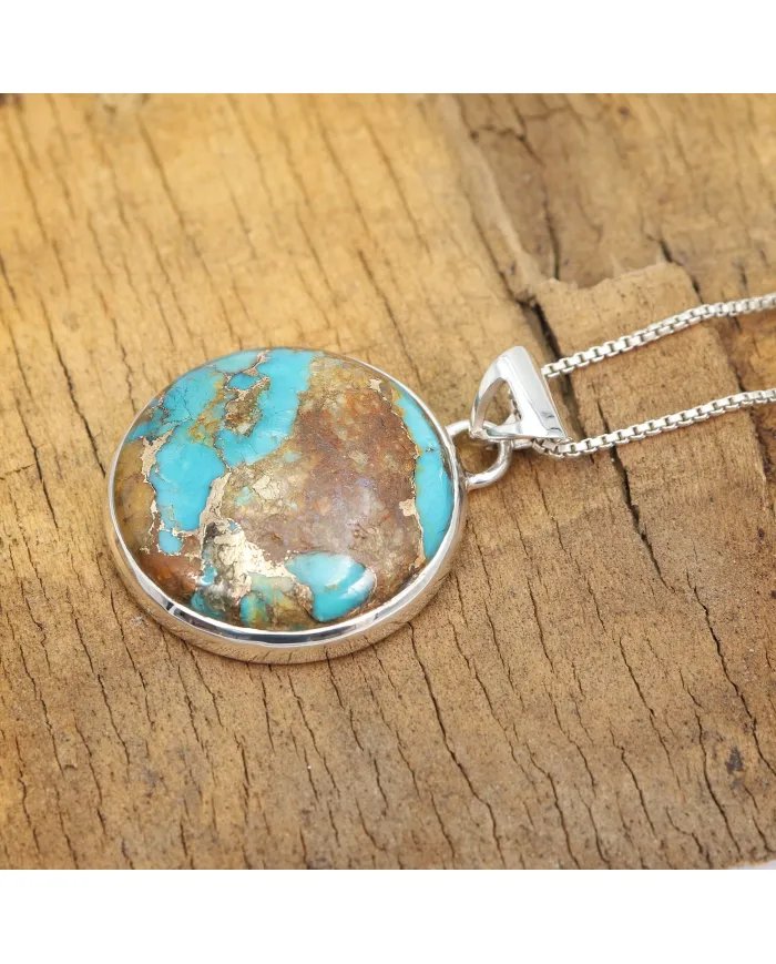 Boulder Turquoise Round Pendant – 925 Sterling Silver Handmade Jewelry